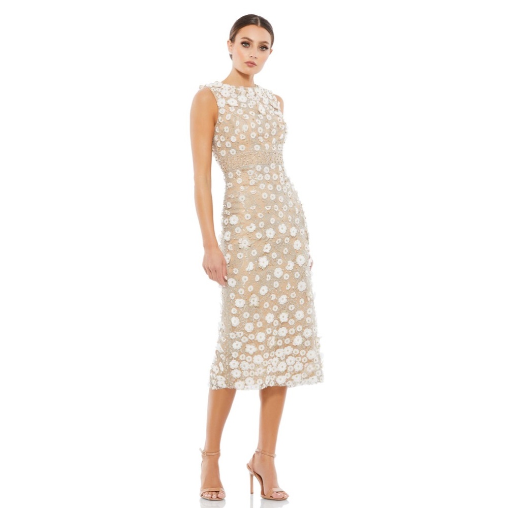 MAC DUGGAL FLORAL APPLIQUE SLEEVELESS MIDI DRESS
